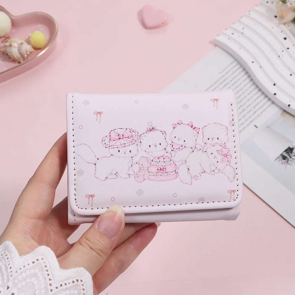 Fashion Kawaii Cat Print Short Wallet PU Leather Foldable Coin Purse Pink Multipurpose Credit Card Holder Women Girl Travel
