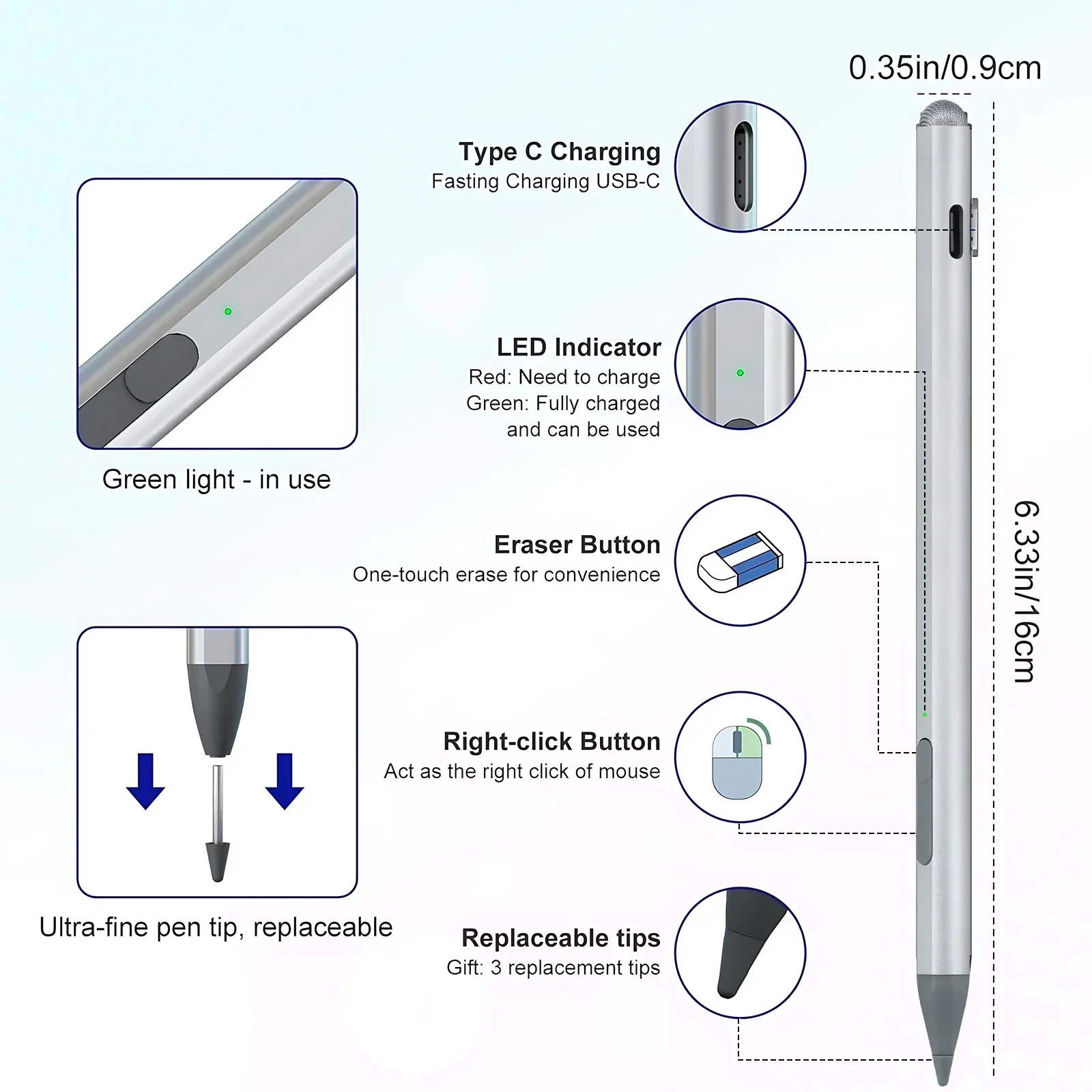 크롬북 파이어 HD 10 및 파이어 맥스 11용 클래식-USI 2.0 스타일러스 펜, 틸트 지원, 4096 압력 감도