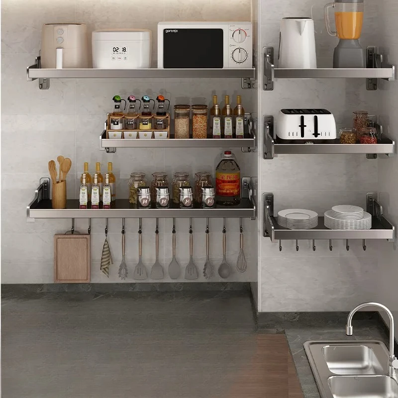 

Wall Mount Gunmetal Spice Shelf, No Drill Oil Proof Rack, Multi Slot Knife Organizer, Waterproof Rustproof Seasoning Caddy