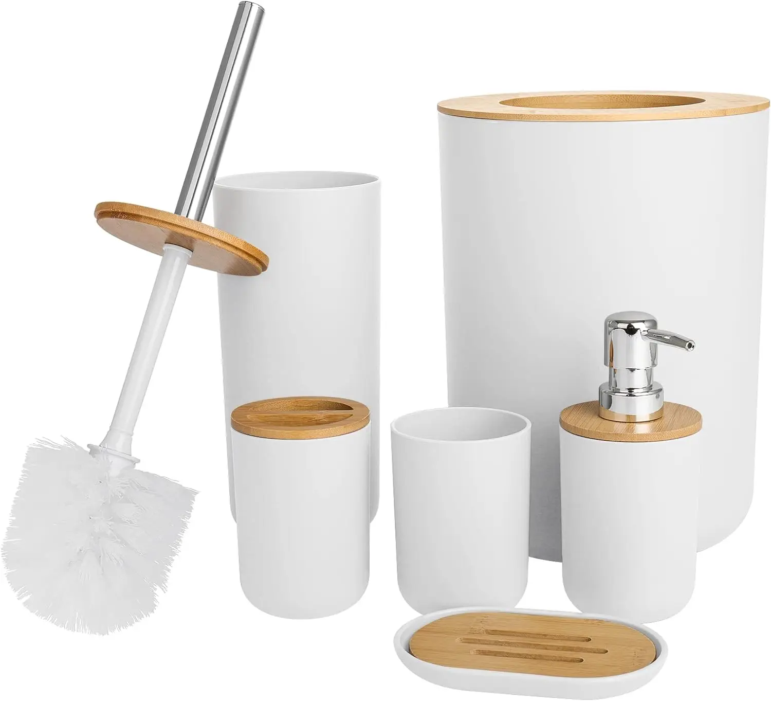 6 Pcs Bathroom Accessories, Bathroom Bin And Toilet Brush Set, Toothbrush Holder Cup, Soap Dispenser,Soap Dish Holder, Trash Can