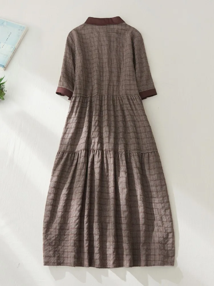 Women Summer Casual Dress New Arrival 2023 Vintage Style Plaid Pattern Loose Comfortable Female Cotton Long Dresses B2473