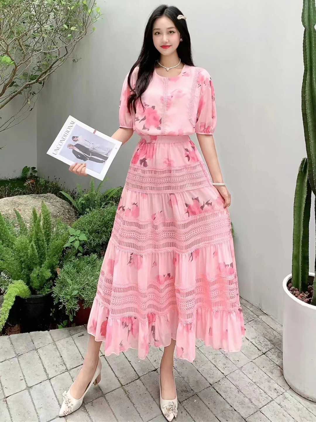 2024 New Summer Women Elegant Floral Skirt Suits Loose Short Sleeve Chiffon Shirt And Lace Patchwork Long Skirt Two Piece Set