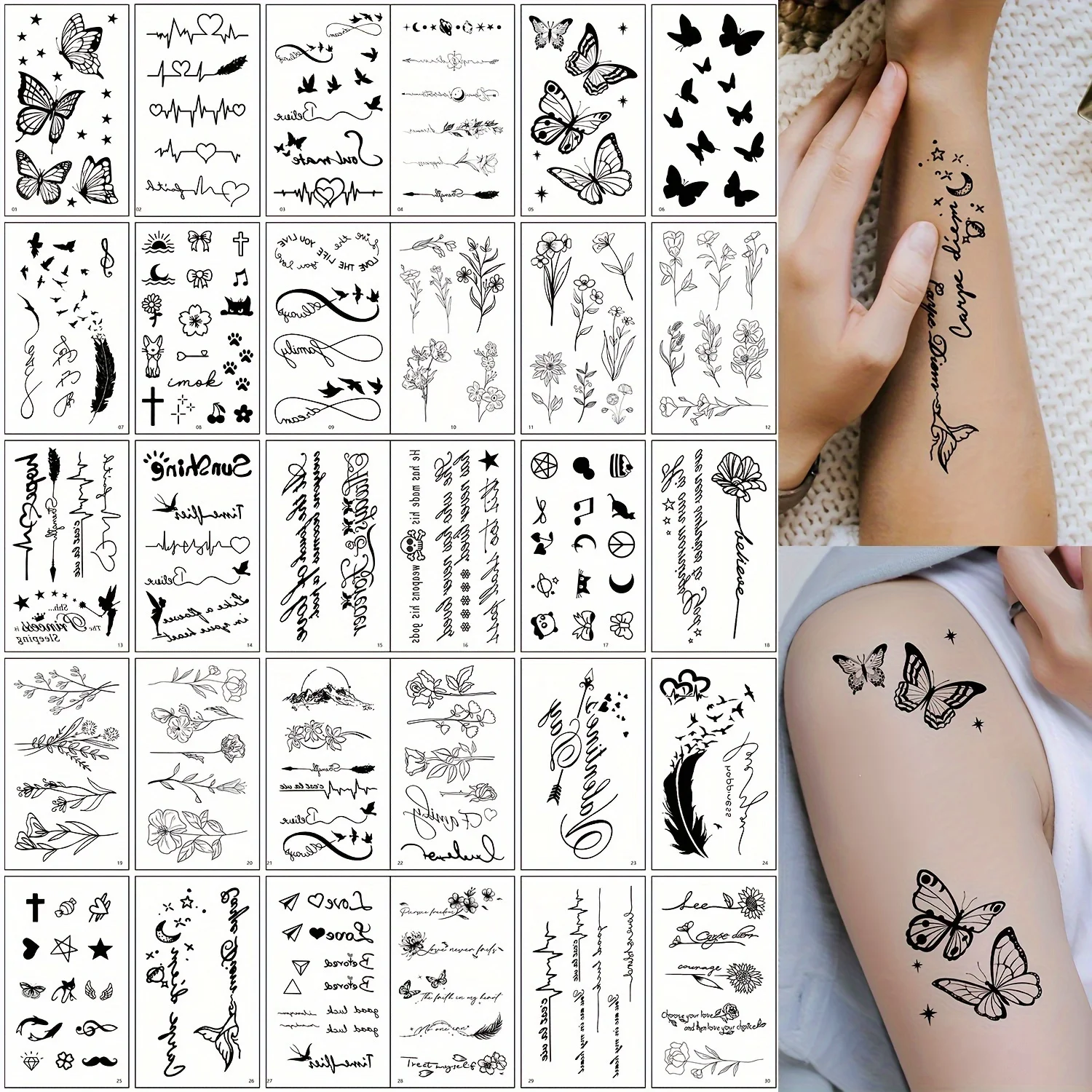 30 Sheets Black Temporary Tattoo, Waterproof Body Art Stickers for Women Hand Wrist, Heart Butterfly Flower Moon Design
