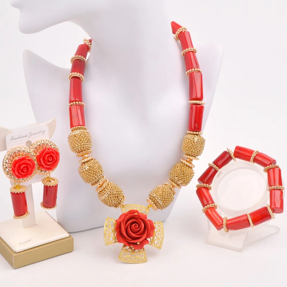 

Nigerian bride Red coral necklace African women's wedding jewelry set SHXY-02