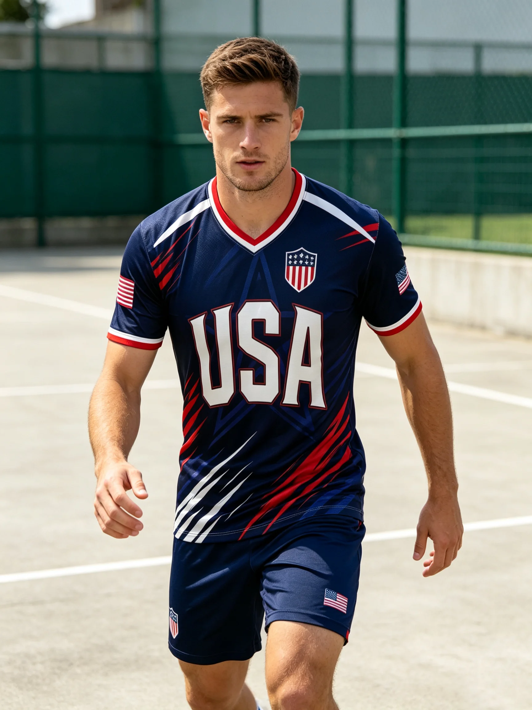 2026 USA soccer jersey printed with patriotic bald‑eagle and star pattern, quick‑dry fabric, six optional collar styles