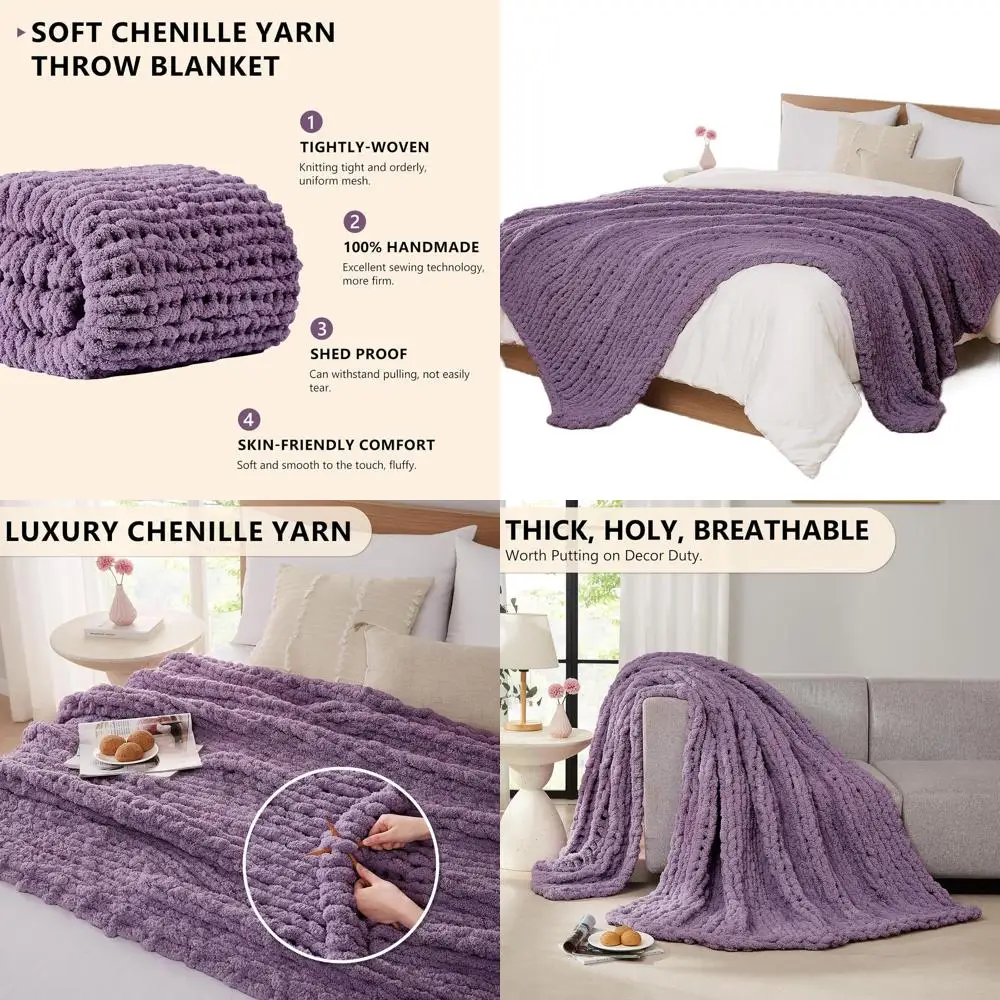 

Large Deep Purple Chunky Cable Knit Throw Blanket, 50 x 60 for Bed and Couch, Handmade Thick Crochet Rope Style