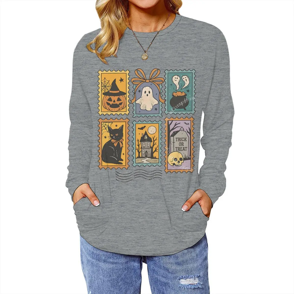 Stamp Style Ghost Pumpkin Design Funny Tshirt For Women Casual O Neck T-Shirt Vintage Fashion Long Sleeve Festival Halloween Tee