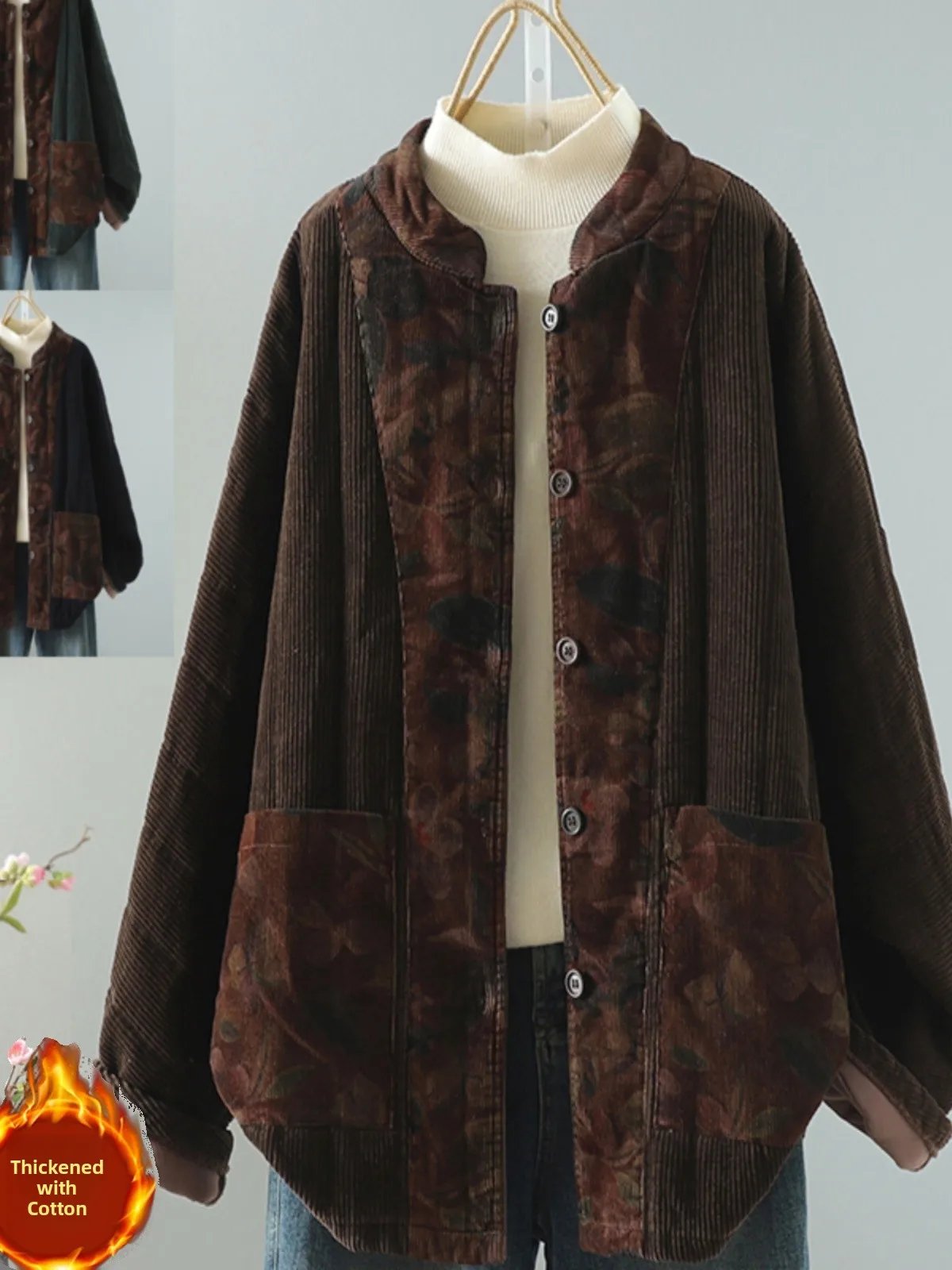 

Thickened Cotton Jacket Women's Loose Fit Corduroy Contrast Collar Short Coat Autumn Winter Brand Name Slimming Outerwear