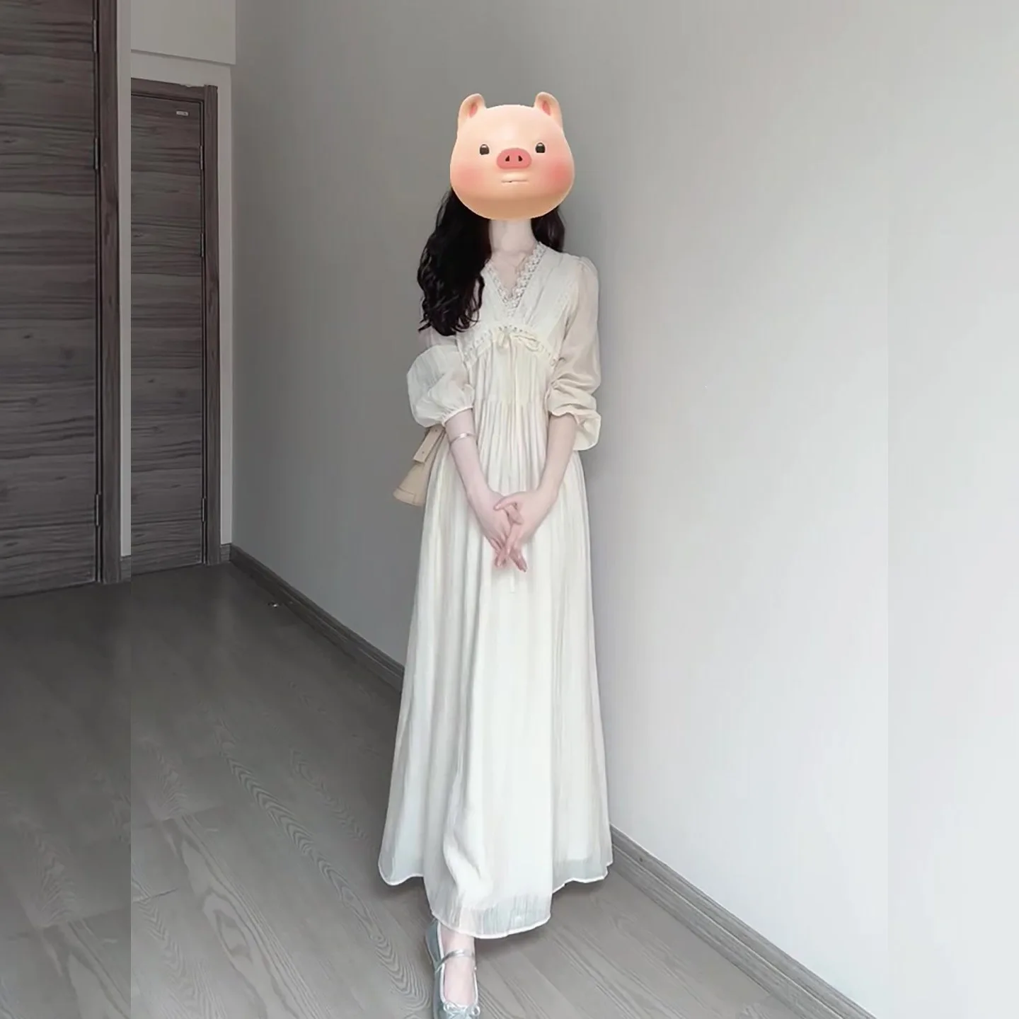 Quality Women's Long Sleeve Lace Dress V-Neck Double Layered Inner Gentle Wind French Style High Waist A-Line Dress for Date
