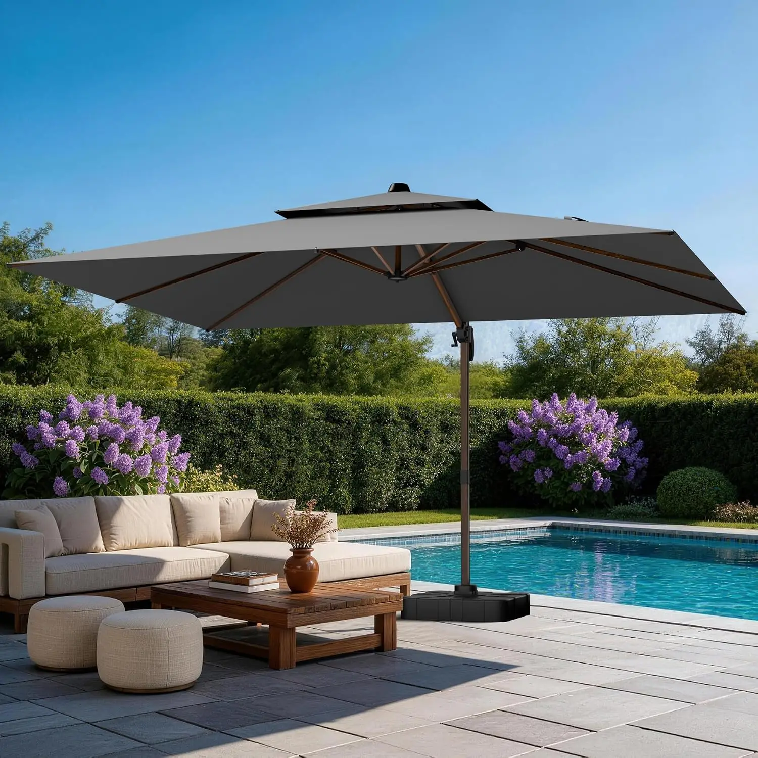 10x13FT Wood Pattern Cantilever Patio Umbrella, Double Top Rectangle Offset Umbrella 7 Angle Tilts & 360° Rotation,, Customized