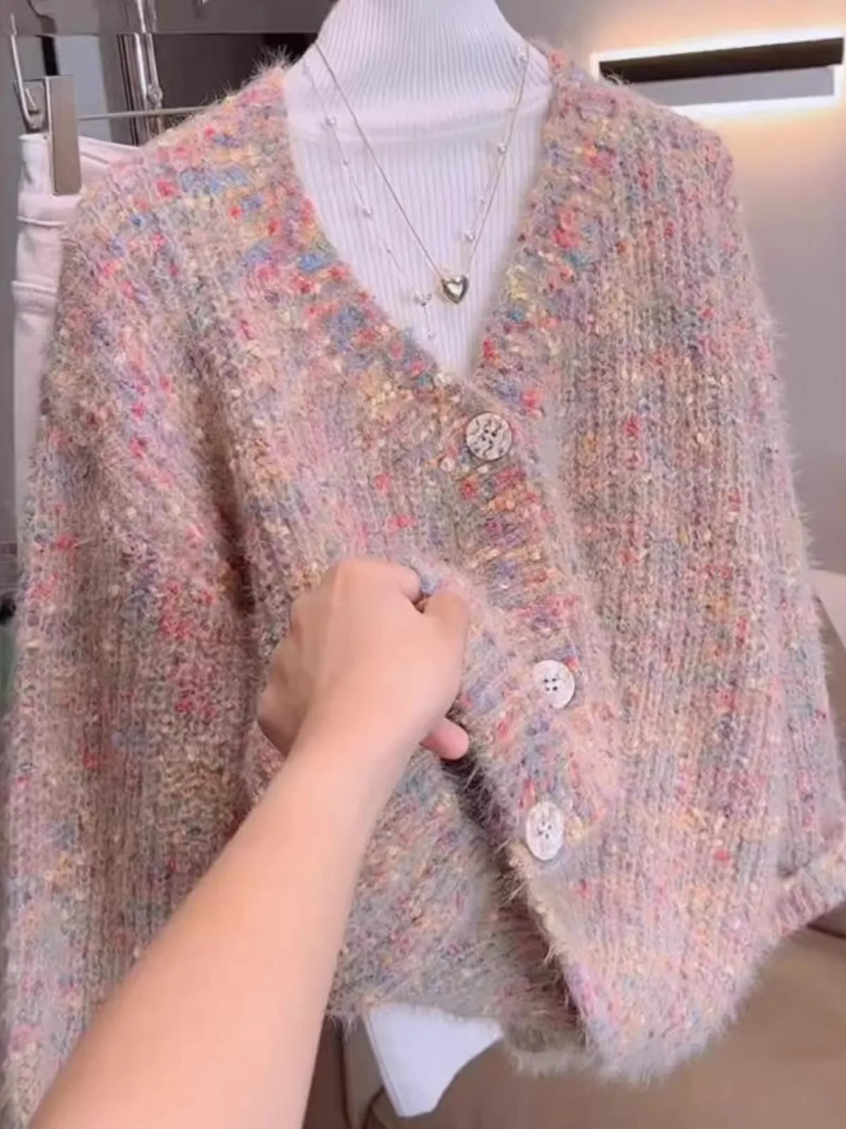 

Женский мягкий норковый бархатный свитер, пальто, вязаный топ в горошек, V-Ne, зимняя модная верхняя одежда для поездок на работу