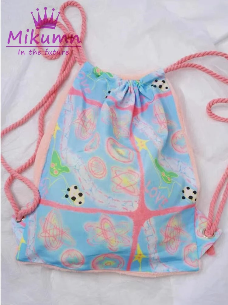 Portable Outdoor Sport Backpack Harajuku Y2k Cute Cartoon Printed Drawstring Shoulder Bags Women Girls Chic Streetwear