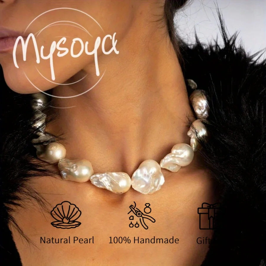 

MYSOYA 15-18mm Baroque Freshwater Pearl Necklace For Women Men Gift Box Perfect Gift For Wedding Birthday Christmas New Year