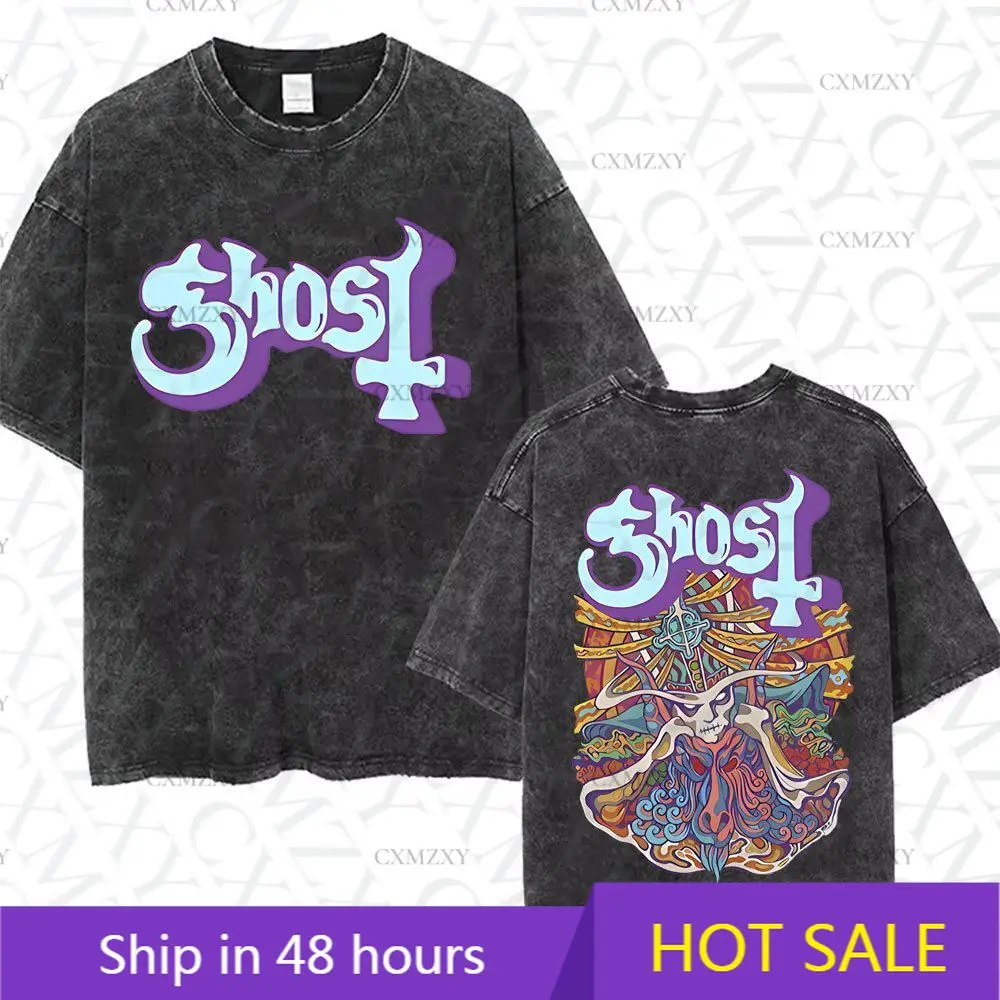 

Heavy Ghost Band Pattern T-Shirt Washed Retro Skull Rock Print T-Shirt Classic