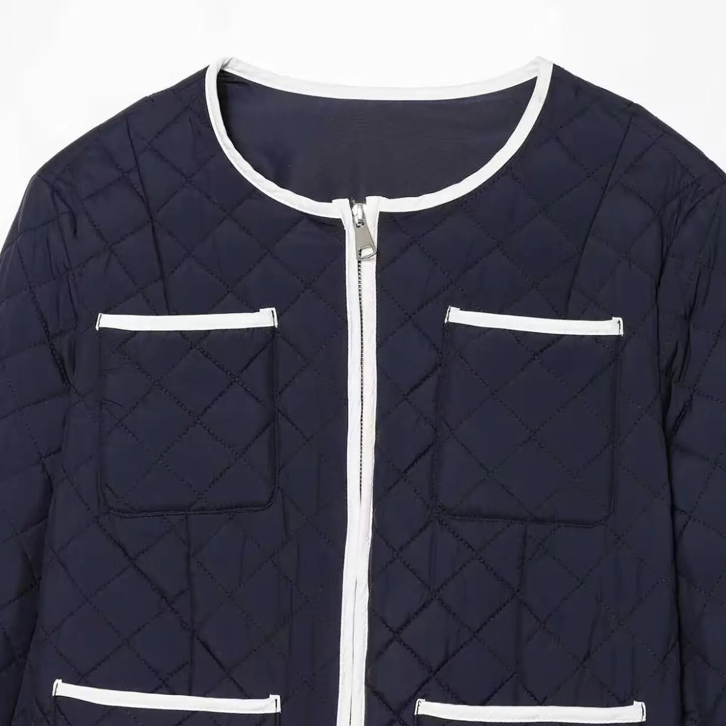 Fashionable Commuter Women's Zipper Jacket round Neck Multi-Pocket Autumn 2026 New Arrival Personality Color Block Short Coat
