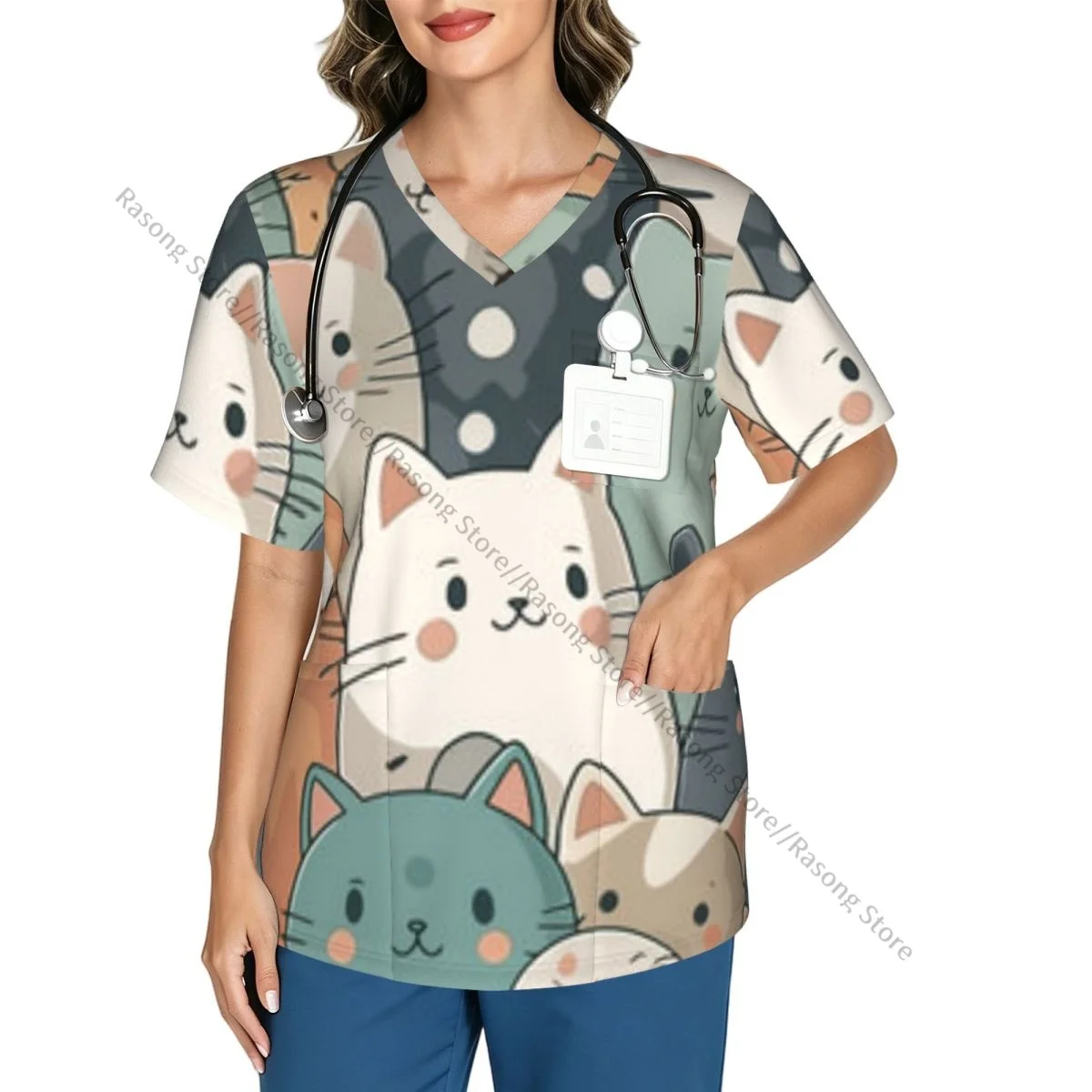 Women Scrubs Blouse Medical Nurse V-neck Clinical Scrubs Top Cats Pattern Operating Room Work T-shirt