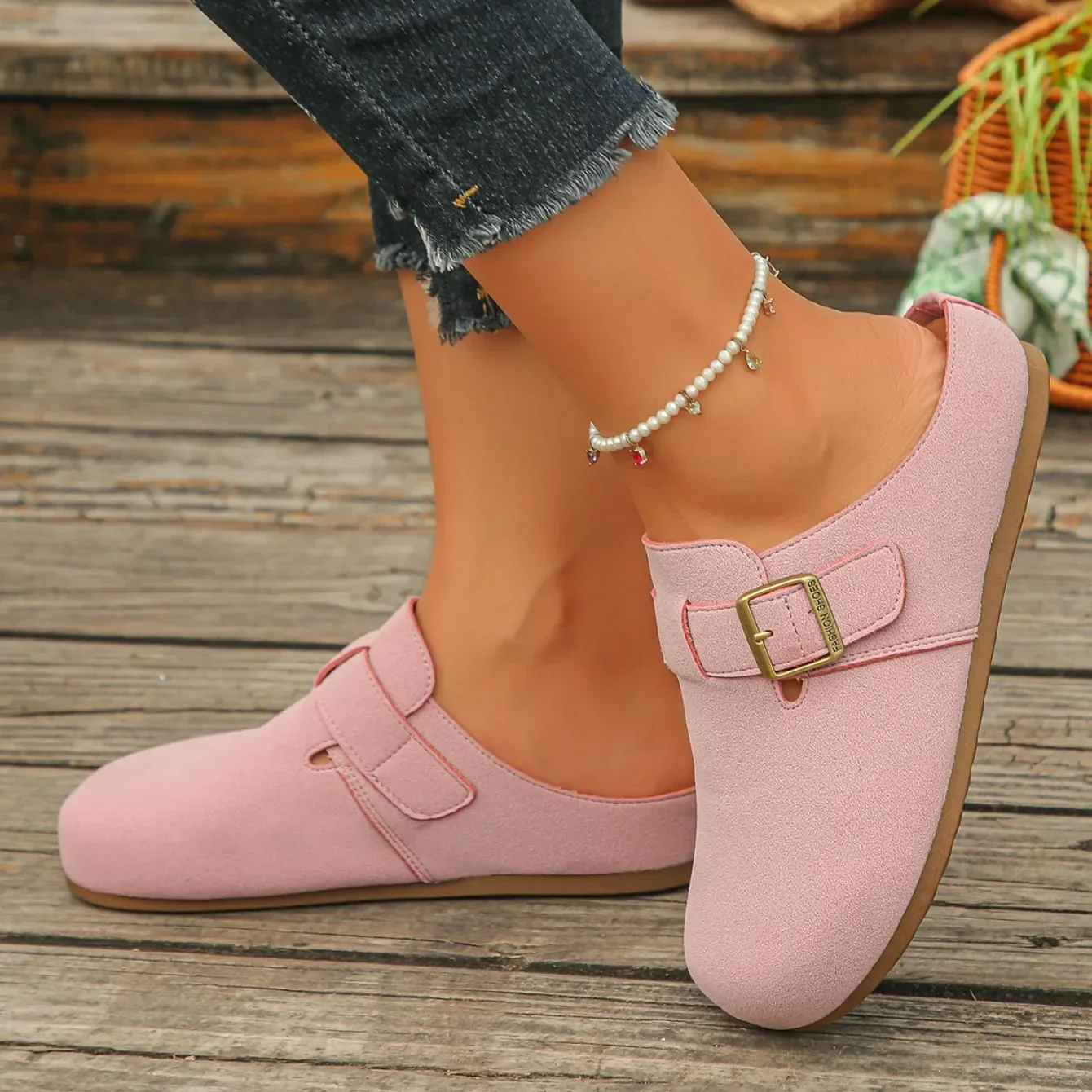 Modische Damen Wildleder-Mules Hausschuhe 2026 Damen Clogs mit Korksohle Sandalen mit Fußgewölbestütze Outdoor-Strand-Slides Hausschuhe für Damen – Detail 4
