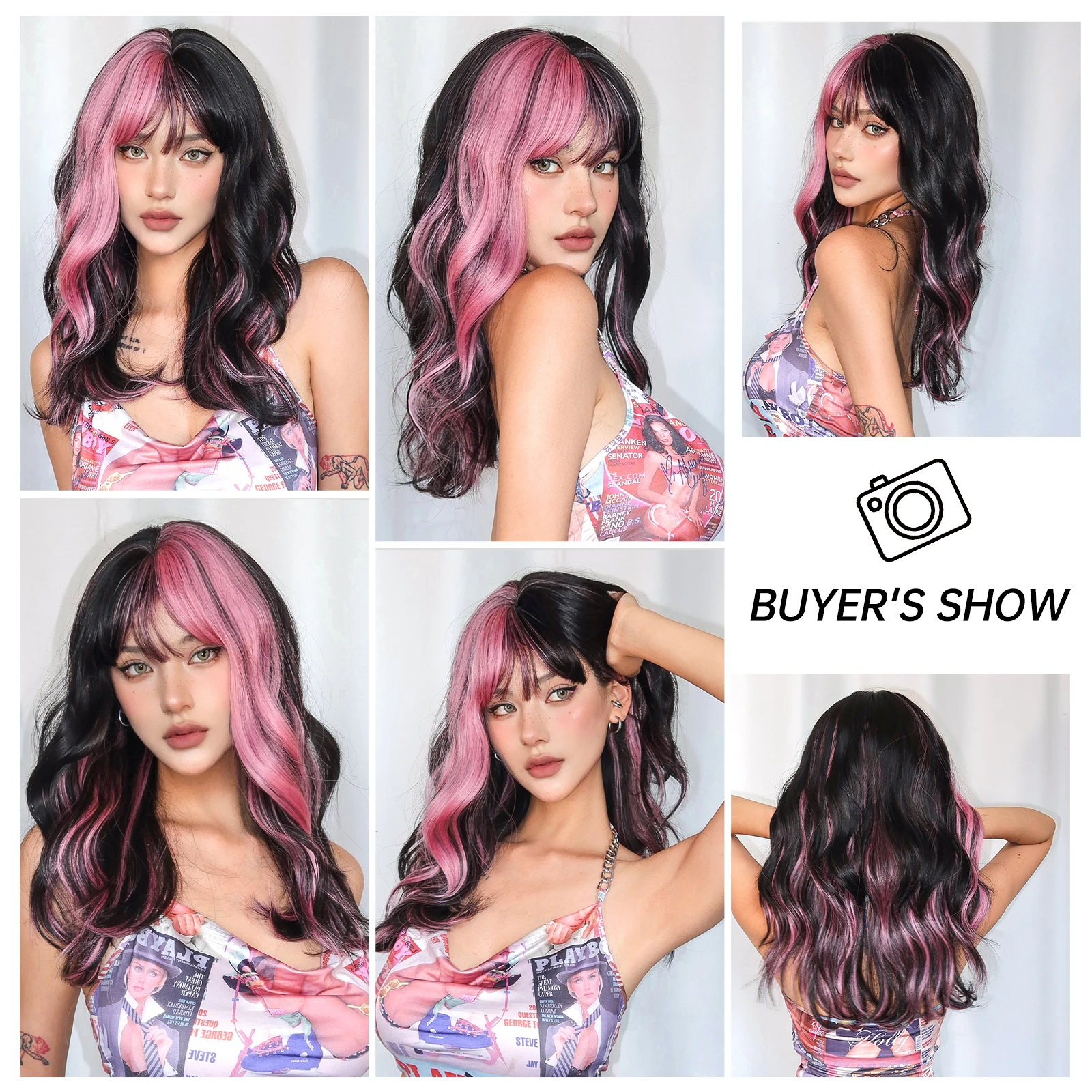 Long Curly Pink and Black Wavy Synthetic Wigs with Bangs Cosplay Christmas Halloween Hair Two Tone Wig for Women Heat Resistant