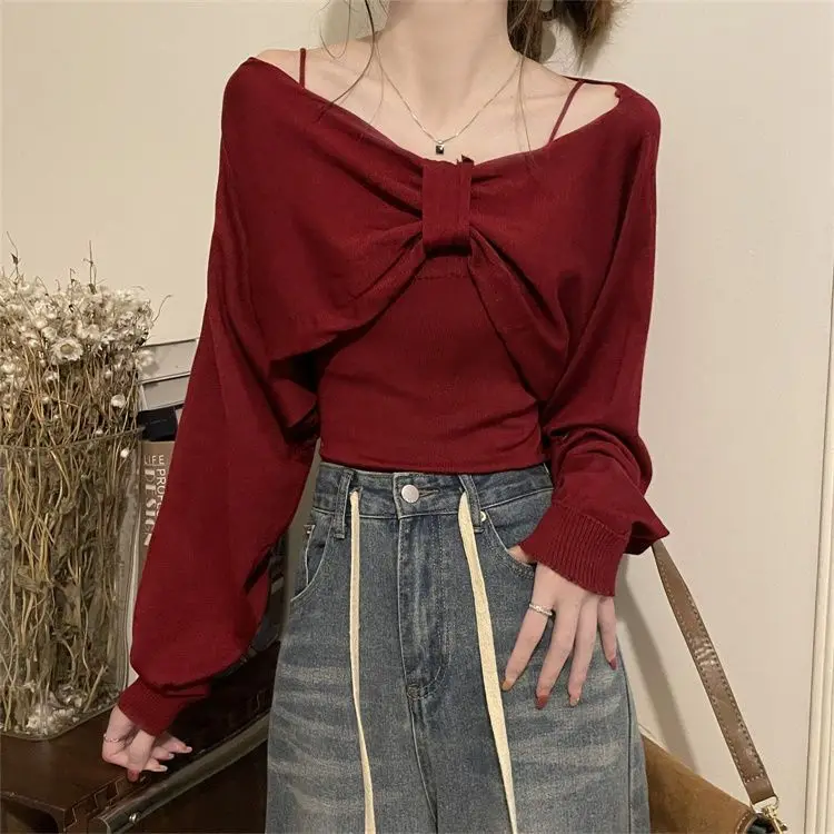 Bow One Shoulder Sweater Long Sleeve Knitted Shirt Women\'s Short Style High End Interior Top