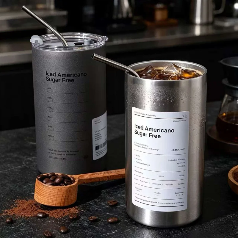 Stainless Steel Iced Coffee Tumbler With Straw 600ml Insulated Cold Cup Iced Americano Label Travel Mug Office Home Coffee Drink