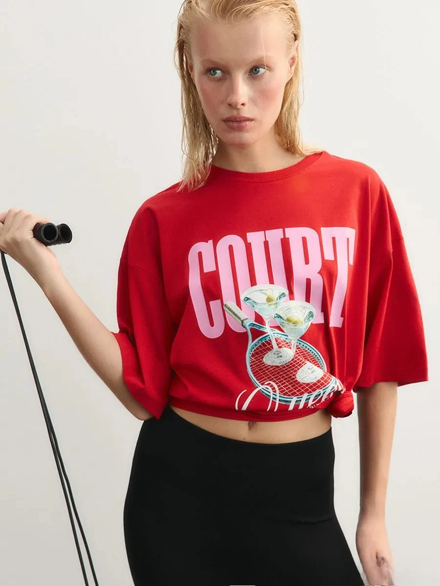 2026 Summer New 100% Cotton Women's Short Sleeve T-Shirt American Lazy Style Reducing Age Printed Oversized Chic Casual Top