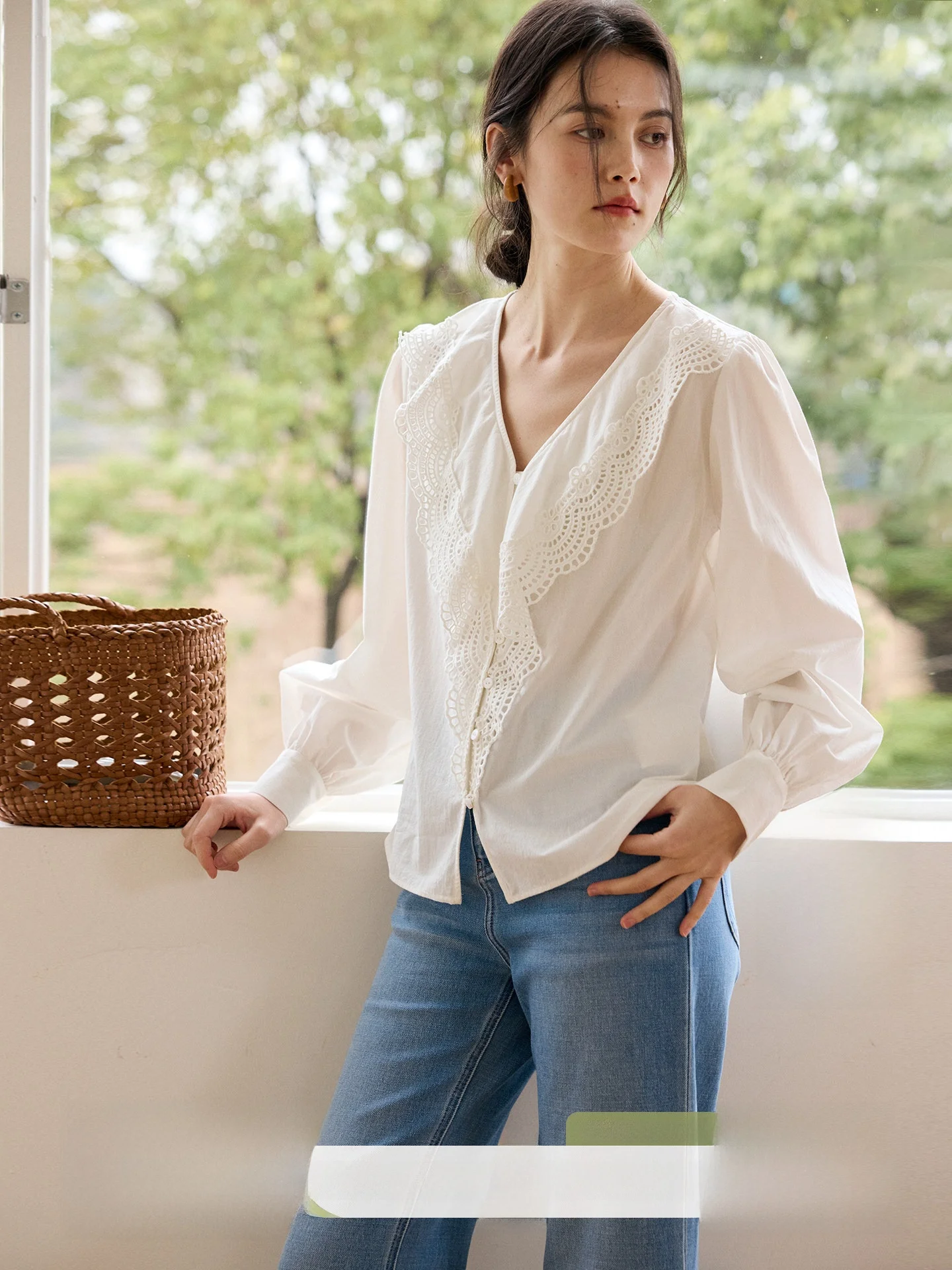 

Романтическая женская блузка из чистого хлопка с V-образным вырезом и кружевом, весенняя модная модель с длинным рукавом, свободного кроя, дышащая, повседневная, Ciwalk