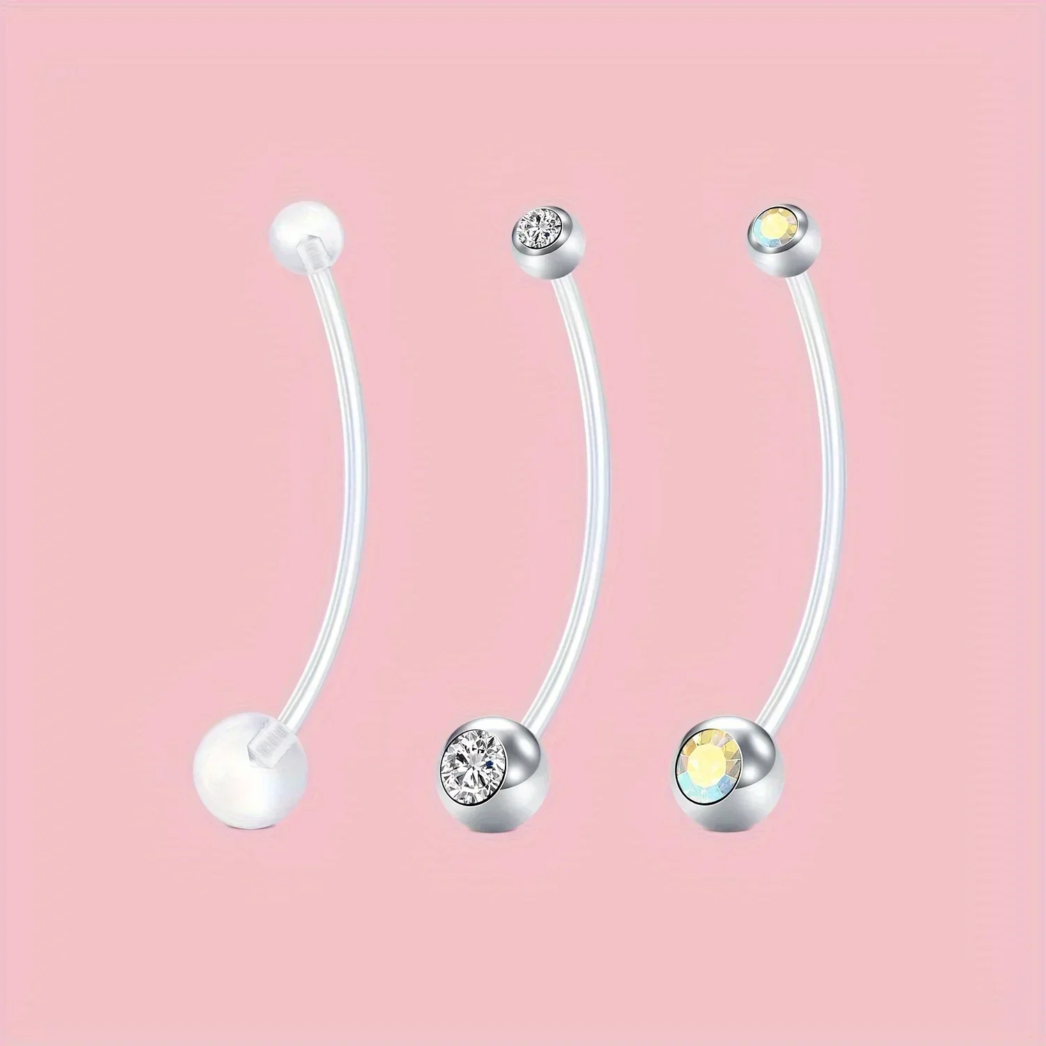 3pcs Flexible Clear Belly Piercing Retainer for Maternity Sport - 14g 32mm Length Bar