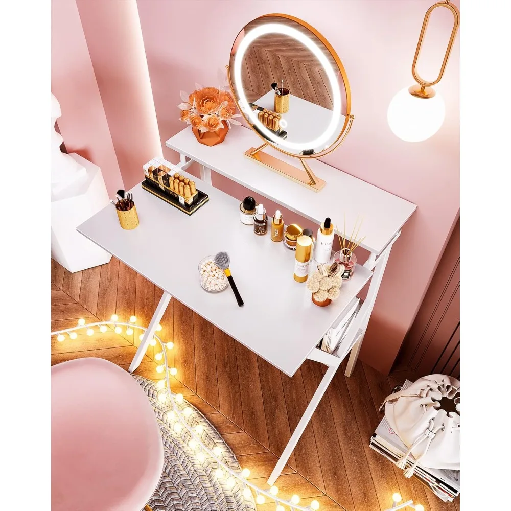 Small Computer Desk, 27.5 inch Desk for Small Spaces with Storage, Compact Table with Monitor & Storage Shelves for Home Office