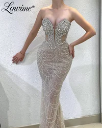 Champagne Evening Formal Occasion Dresses Beaded Tassel Mermaid Long Party Gowns Customized Arabic Engagement Prom Dresses Robes