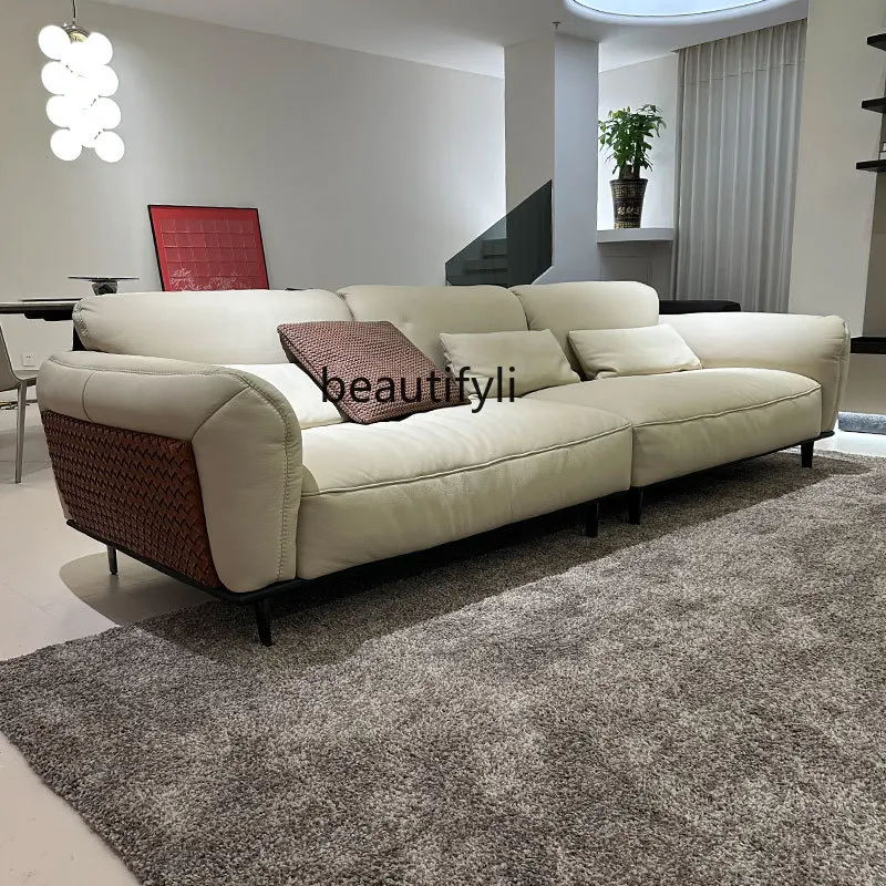 Sofa Genuine Cattlehide Leather Surface Italian Minimalist Sofa Small Apartment Combination Luxury down Soft Woven Villa