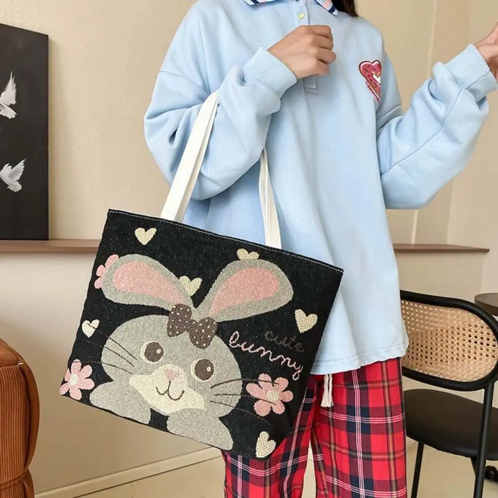 

Butterfly Embroidery Ethnic Style Handbag Rabbit Flower Canvas Cat Tote Bag Storage Bag Large Capacity