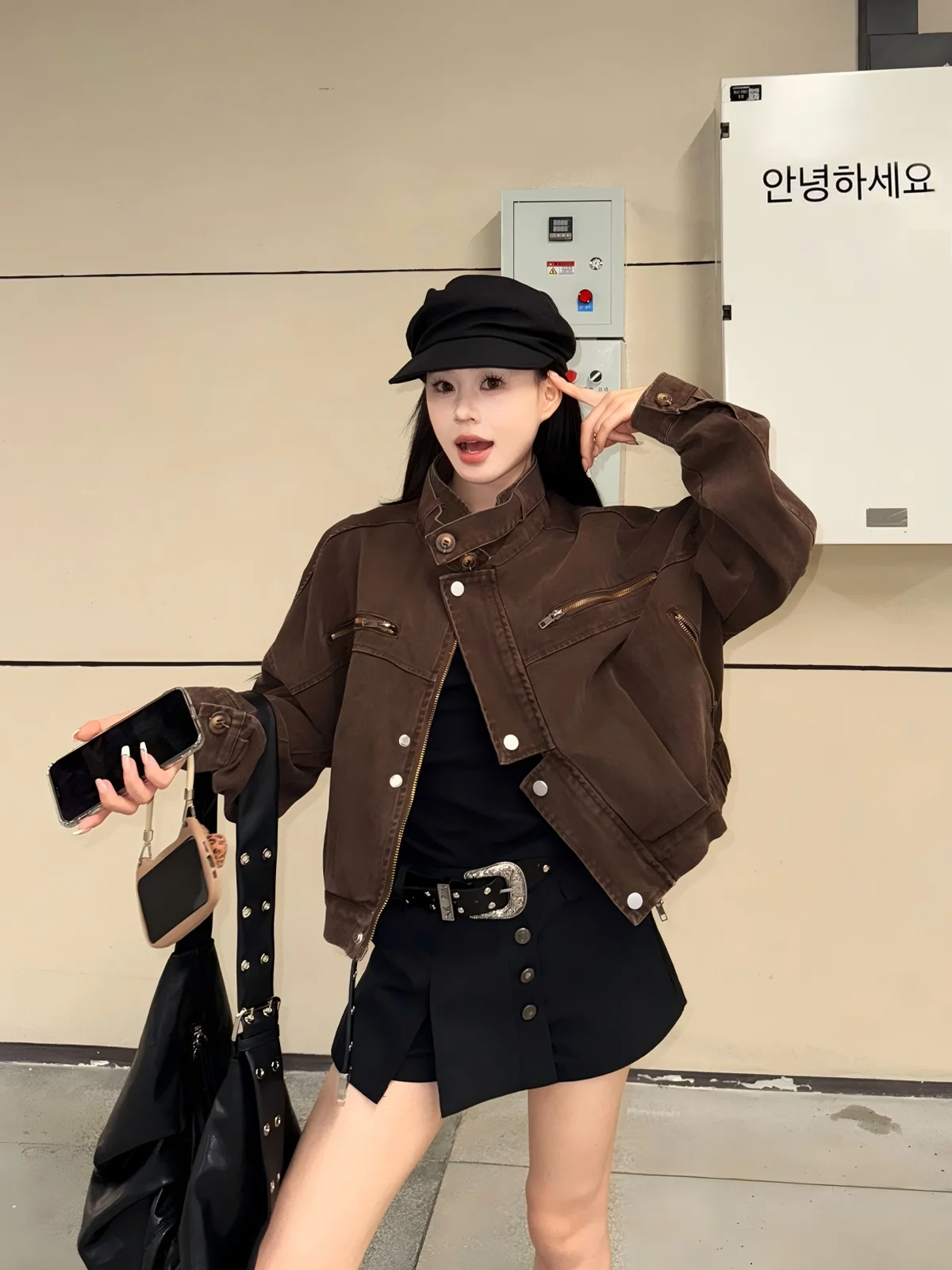 

American Sle Retro Workwear ort Denim Motorcycle Jaet Women's Autumn New Arrival Coat Youth Cotton Long Sve Zipper