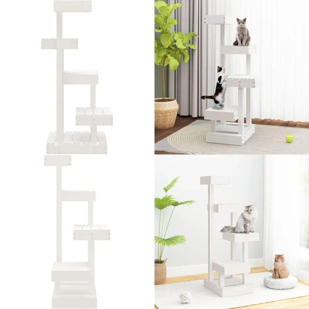 

Adult Cat Multi-Level Pine Wood Tower with Rustic White, Indoor Scratching and Lounging Play Structure