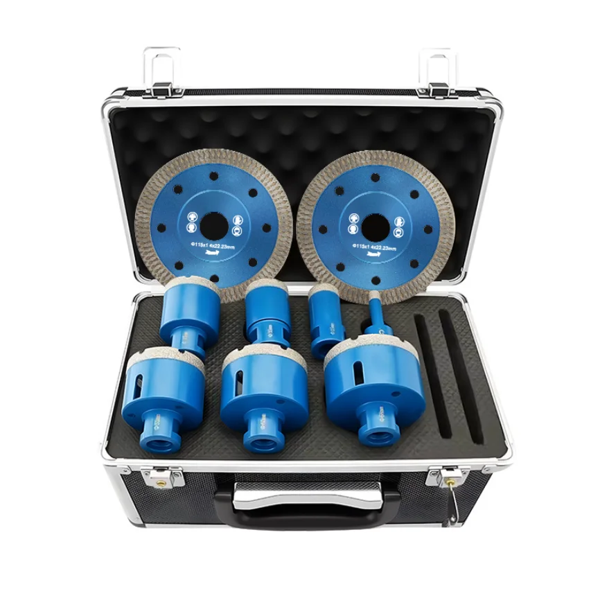 Juego de brocas de cerámica M14, herramientas de diamante soldado, 9 Uds., sierra perforadora de fugas de arena azul, caja de aluminio modelo 039