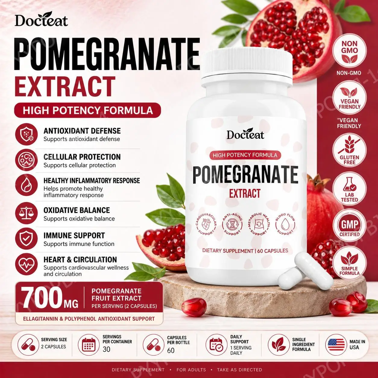 Docteat Pomegranate Fruit Extract Capsules, Ellagitannin Antioxidant Defense Immune Support and Oxidative Balance, 60 Capsules