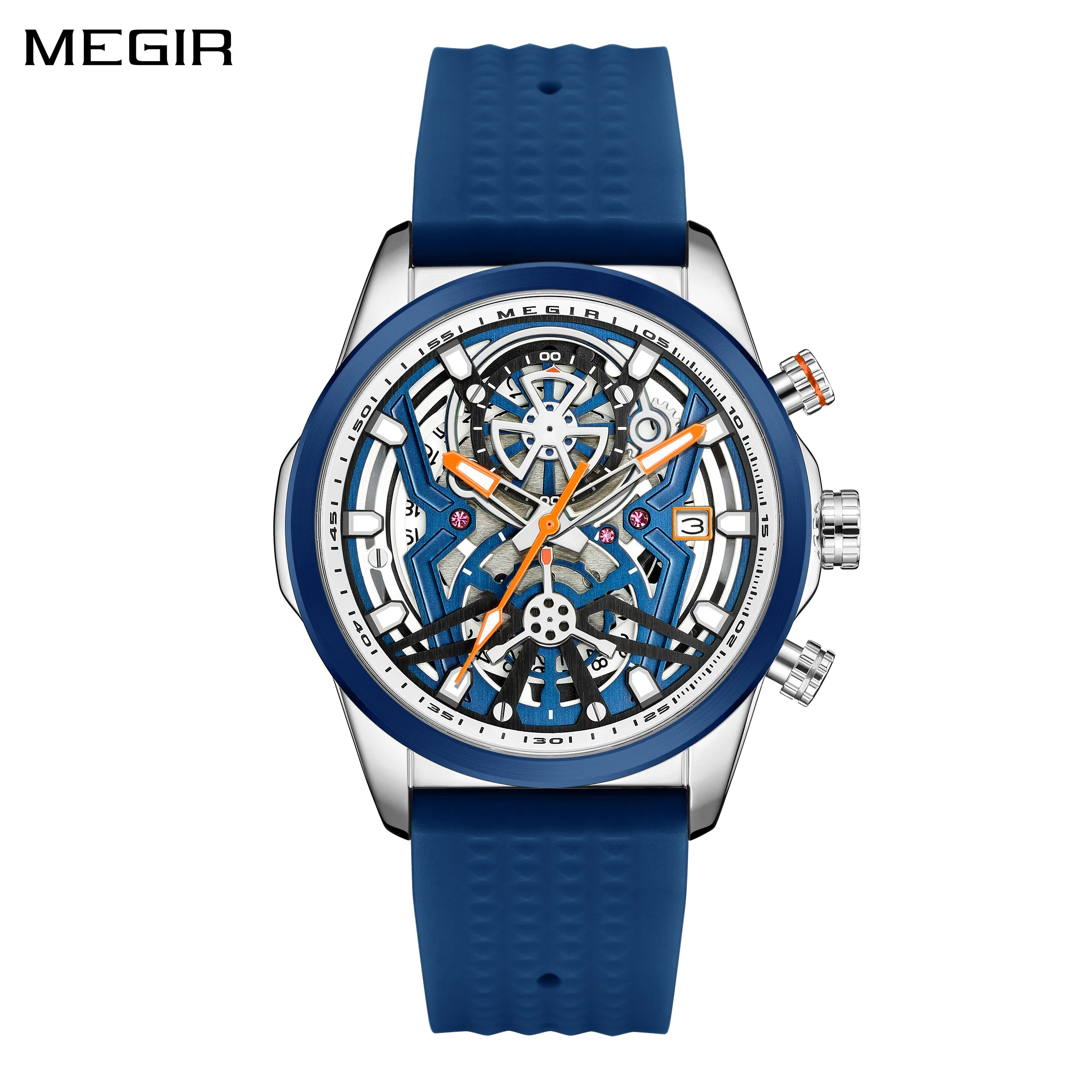 MEGIR Watch for Men Silicone Strap Quartz Sports Wristwatch Luxury Multi-functional Luminous Calendar Big Dial Wrist Watches