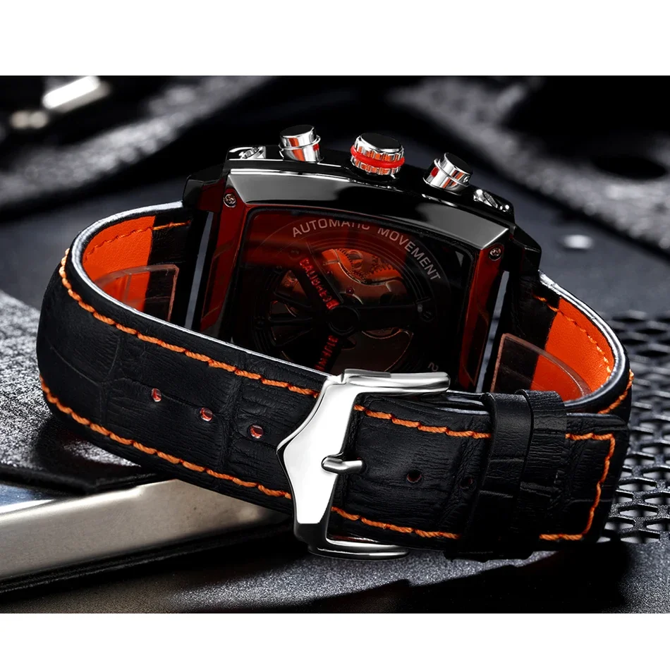 Automatic Watches for Men Mechanical Genuine Leather Stainless Steel Black Orange Blue Casual 40mm Perspective See Through Watch