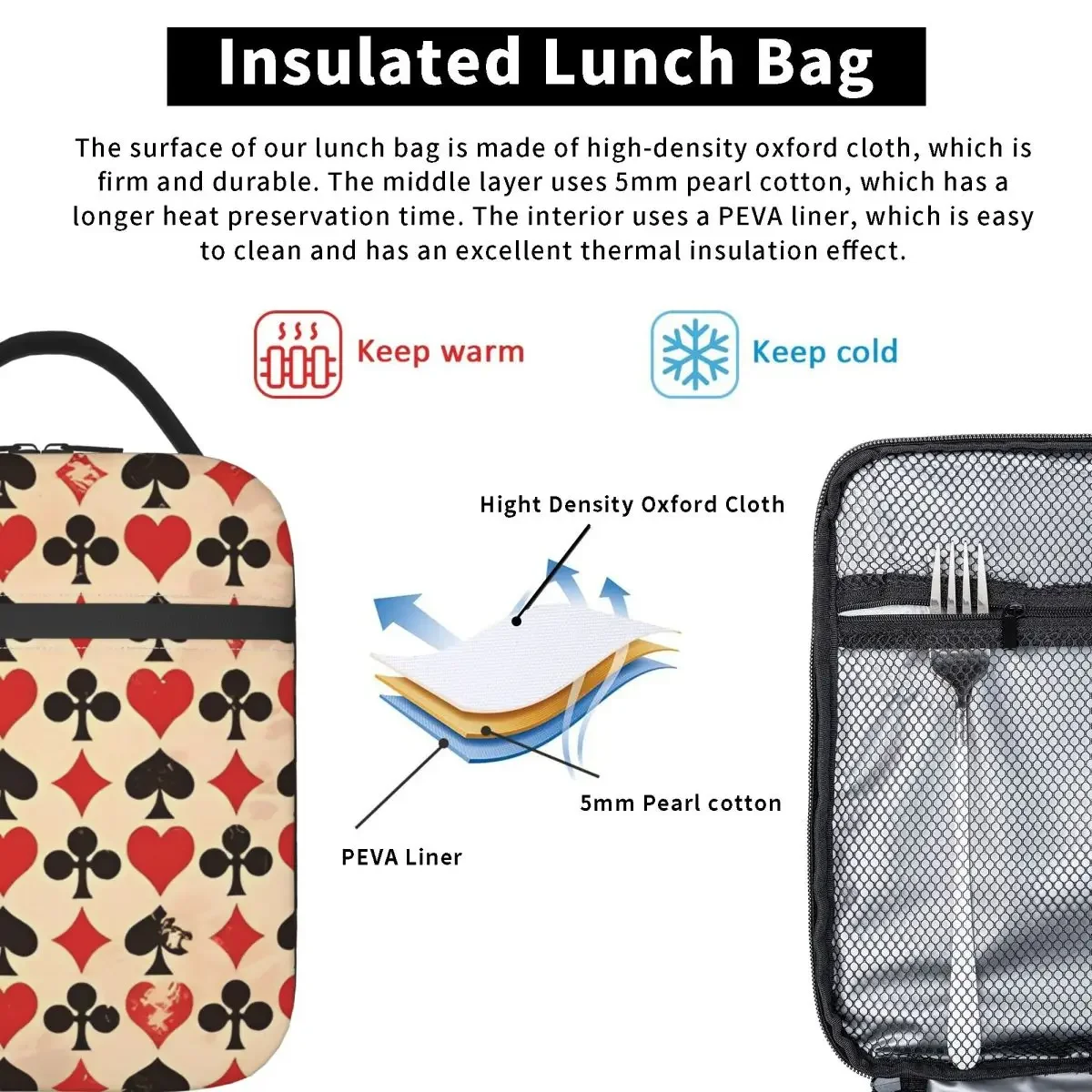 Trajes de tarjetas Bolsa de almuerzo aislada Bolsa refrigeradora Contenedor de comida Estética de póker Bolsa de almuerzo portátil para hombres y mujeres Picnic universitario