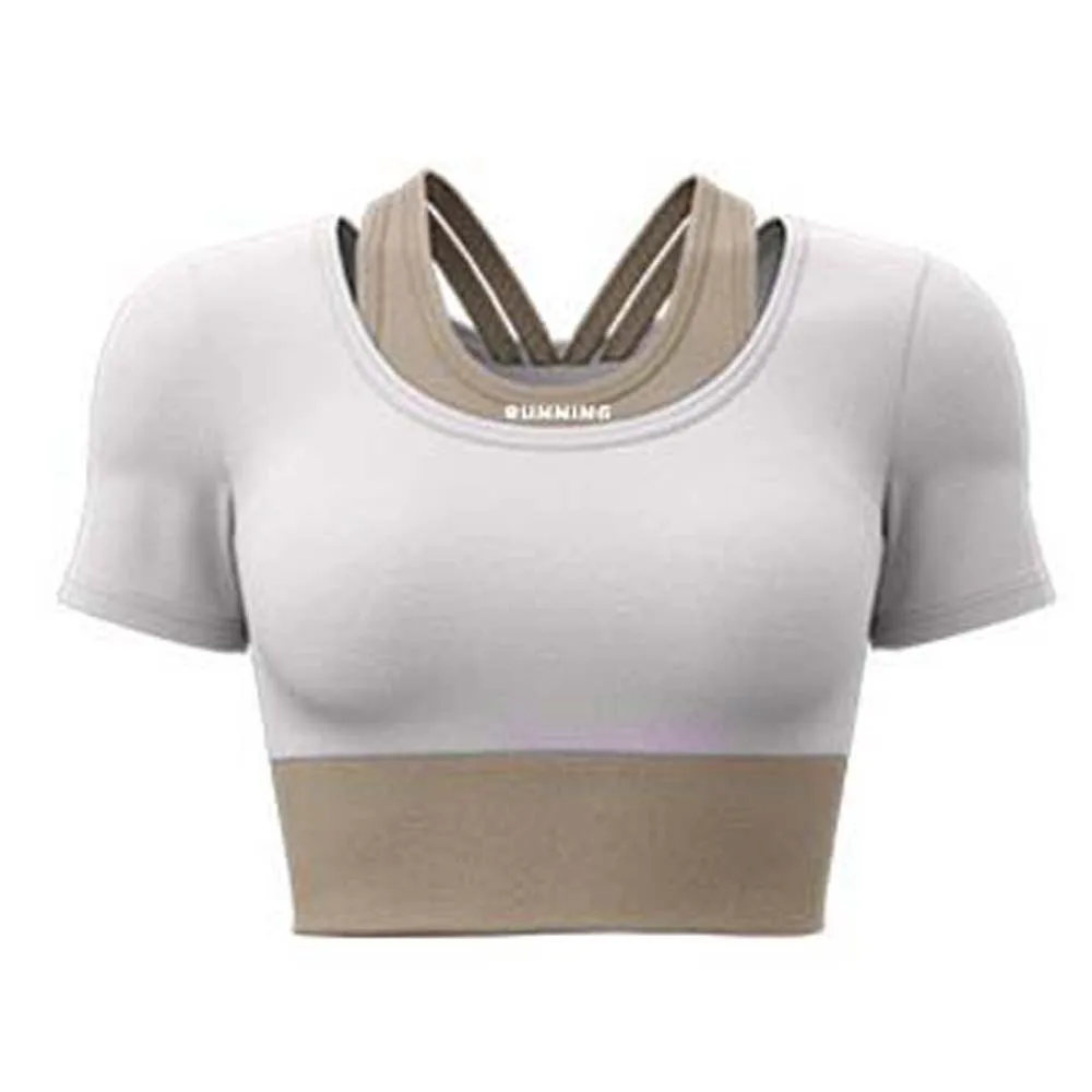 

Combined in One Sports Top with Bra Breathable Contrast Color Fitness Short-Sleeved Fake Two-piece Thickened Yoga T-shirt