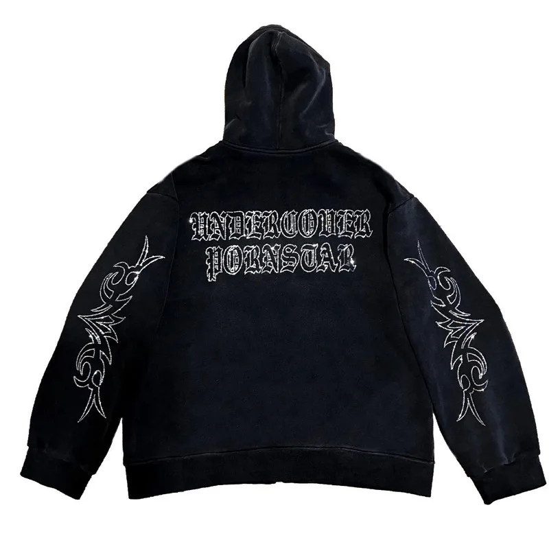 Autumn Fashion Punk Y2k Gothic Grunge Rhinestones Letter Zip Up Hoodies Long Sleeve Coat Sweatshirt Jacket Streetwear 