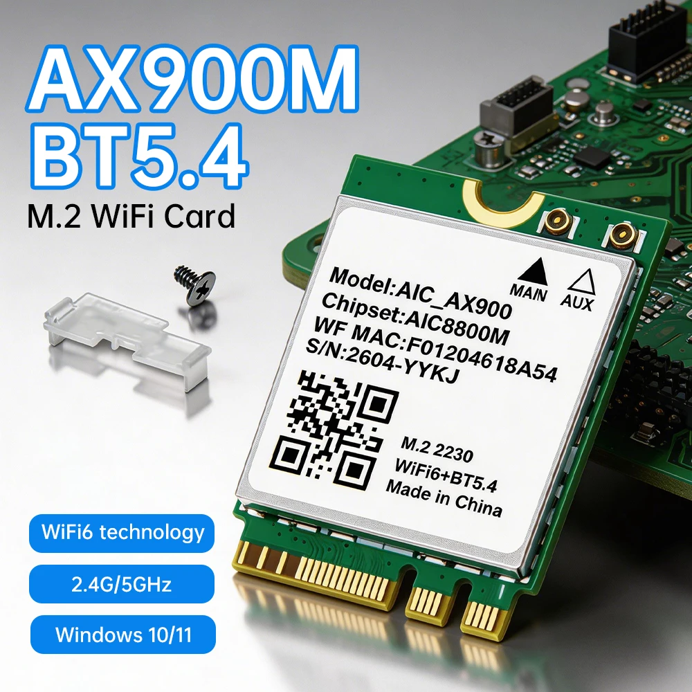 WiFi 6 AX900 Bluetooth 5.4 M.2 2230 Card AIC8800M Dual Band Wireless Adapter Network Card for Laptop Desktop Windows 10/11