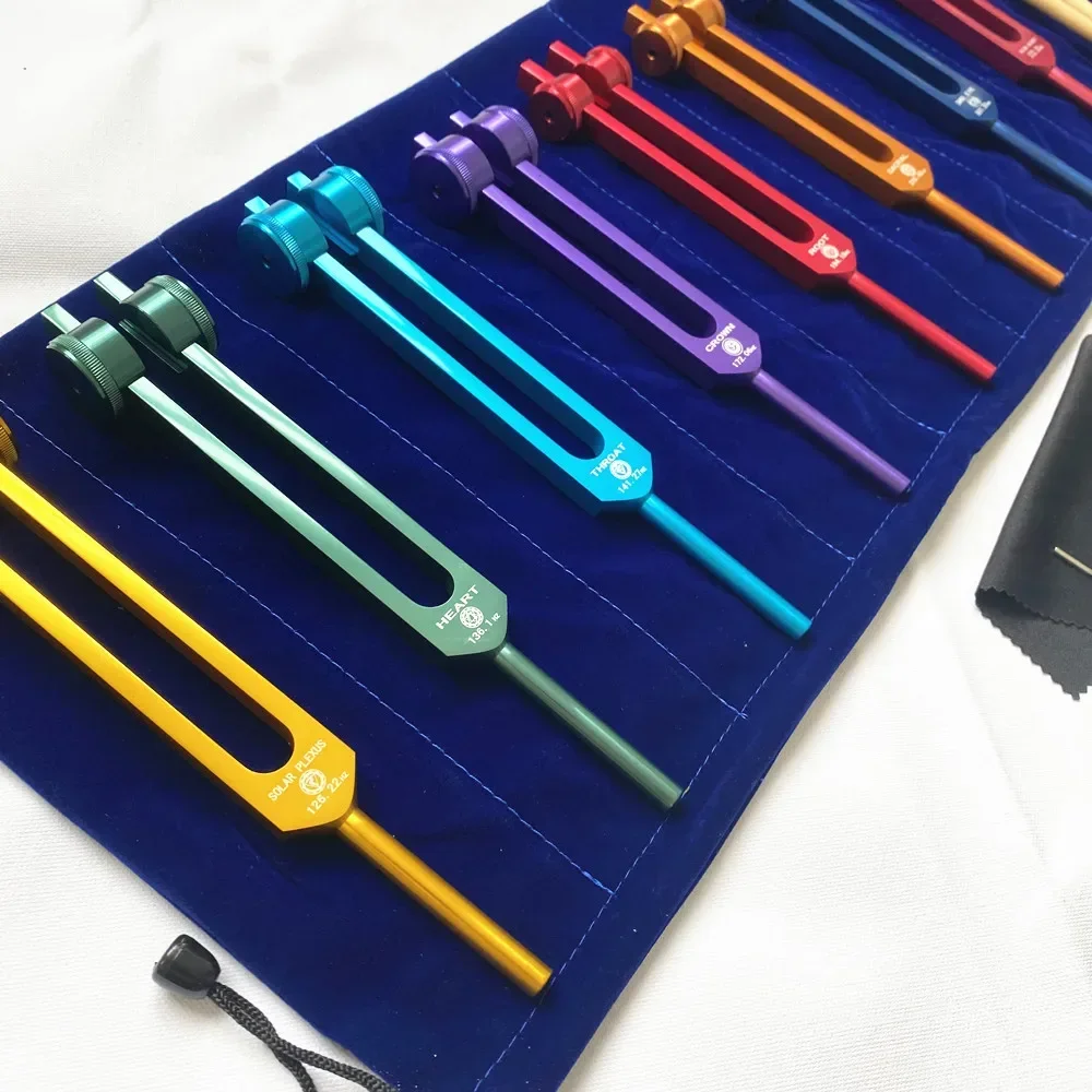 8pcs Colorful Chakras Tuning Fork Set Aluminum Alloy Diapason Music Therapy Sound Healing Tools Chakra Healing Instruments Gifts