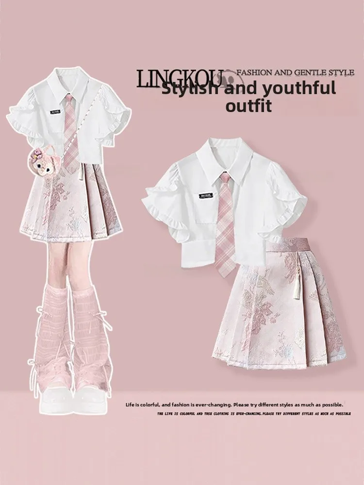 Elegant Summer Outfit Women's Korean Style Shirt with Small Flying Sleeve And Hanfu Ma Face Skirt Two Piece Set plus Size