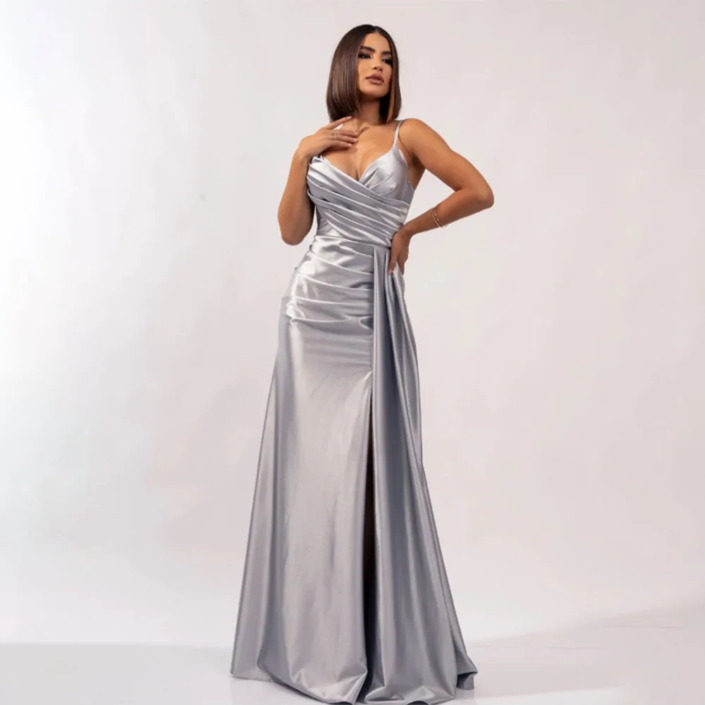 

High Quality Customized V-neck Pleat Floor Length Sleeveless Thin Suspenders Elegant Dress Women for Wedding Party فستان احمر
