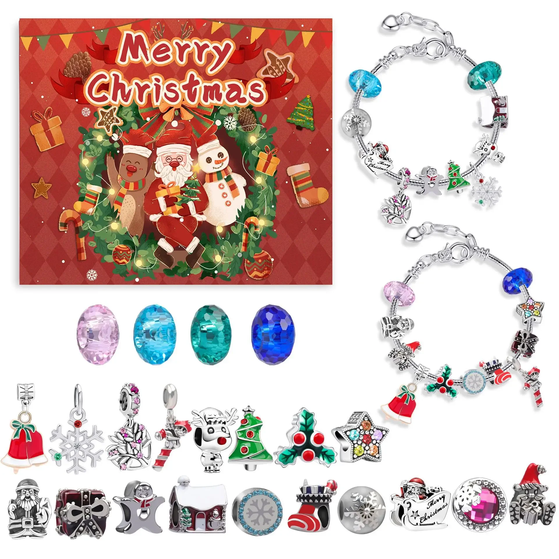 Verrassing Blind Box Set 24-Countdown Kalender Advent Christmas Charms Armband Set DIY Creatieve Ornamenten Kerst Kind Geschenken