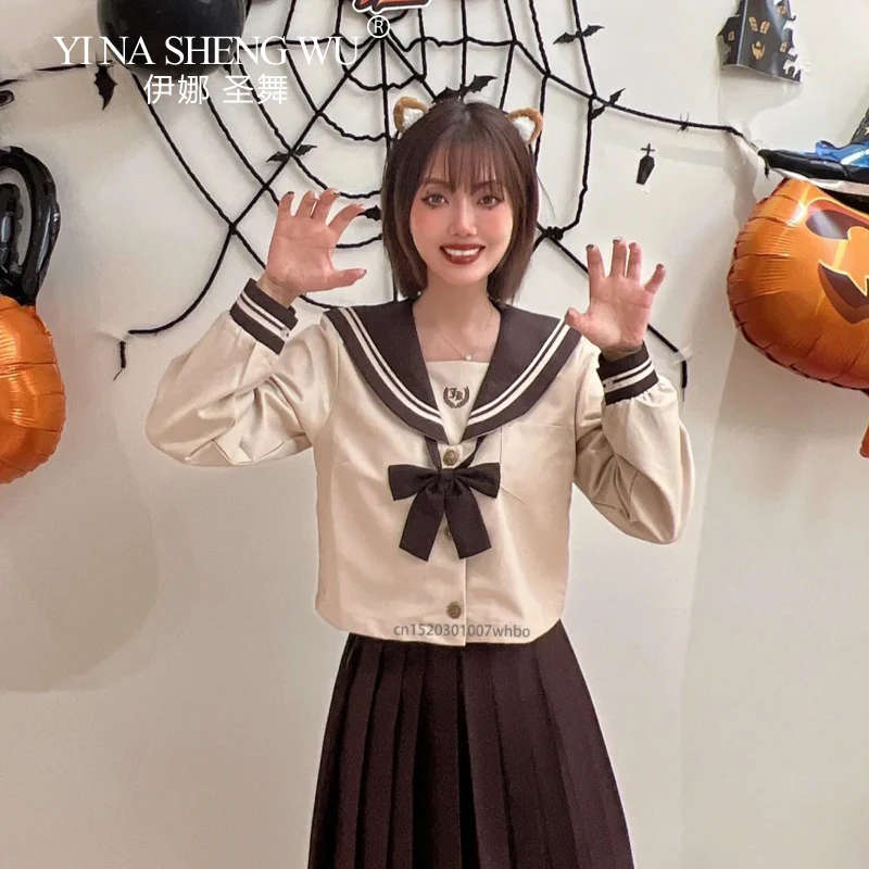 JK Uniform Pleated Skirt Khaki Long Sleeved Pleated Skirt College Style Japanese Short Sleeved Top Women Cosplay Sailor Clothing