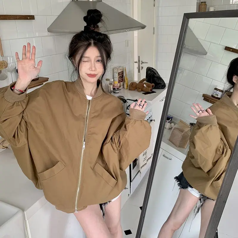 Petite Women's Retro Baseball Jacket 2025 Spring Fall Windbreaker with Zipper Closure Unisex Casual Sporty Outerwear​