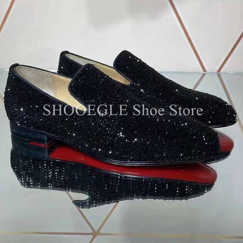 Black Rhinestone Shoes Classic Men Loafers Formal Flat Small Square Toe Summer Wedding Business Office Men\'s All Match Shoes