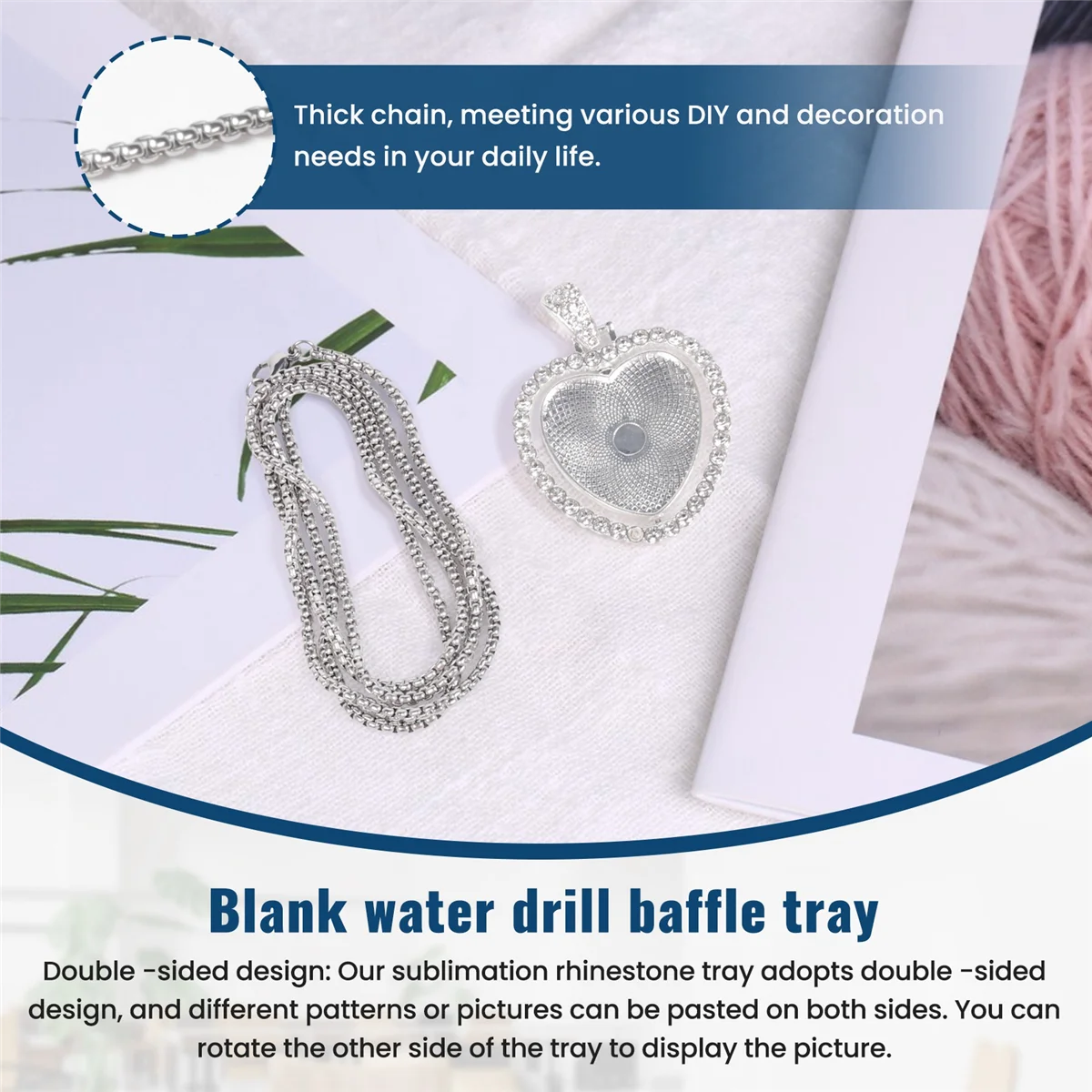 24Pcs Sublimation Rhinestone Trays Pendant Set, 6 Blank Bezel Trays, 6 Pcs Chains with 12 Discs, Heart Style