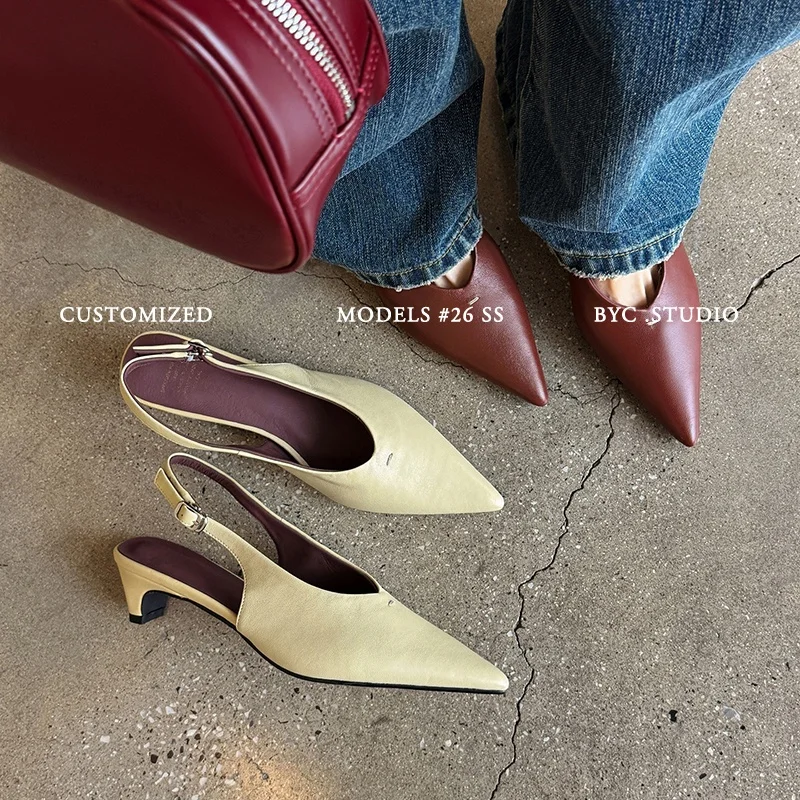 2026 new summer women sandals natural leather plus size 22-25.5cm soft heepskin pointed toe back-strap high heel women shoes